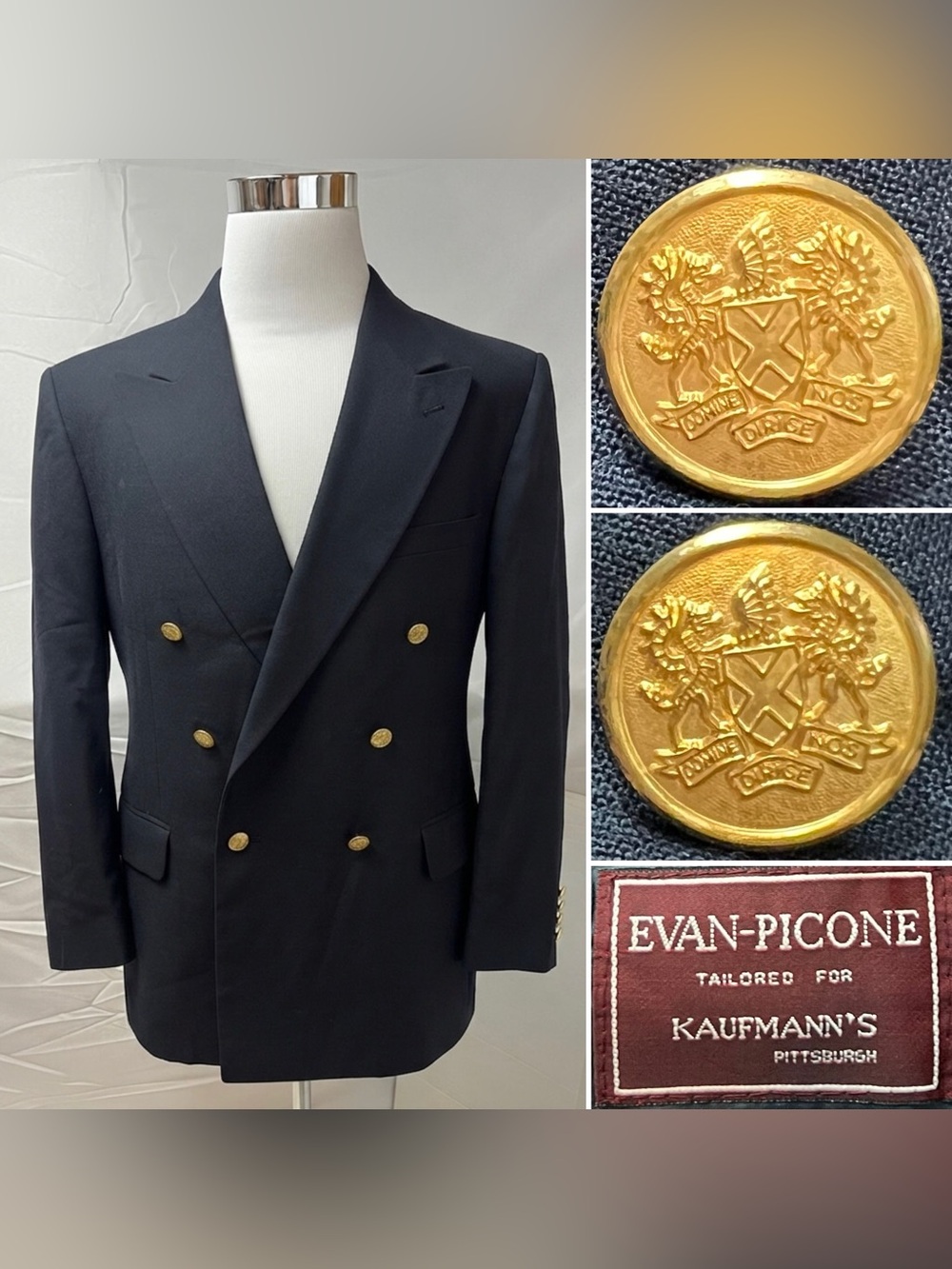 Evan Picone Vintage Men's 44S Navy Gold Button Double Breasted Blazer Jacket - Picture 1 of 8